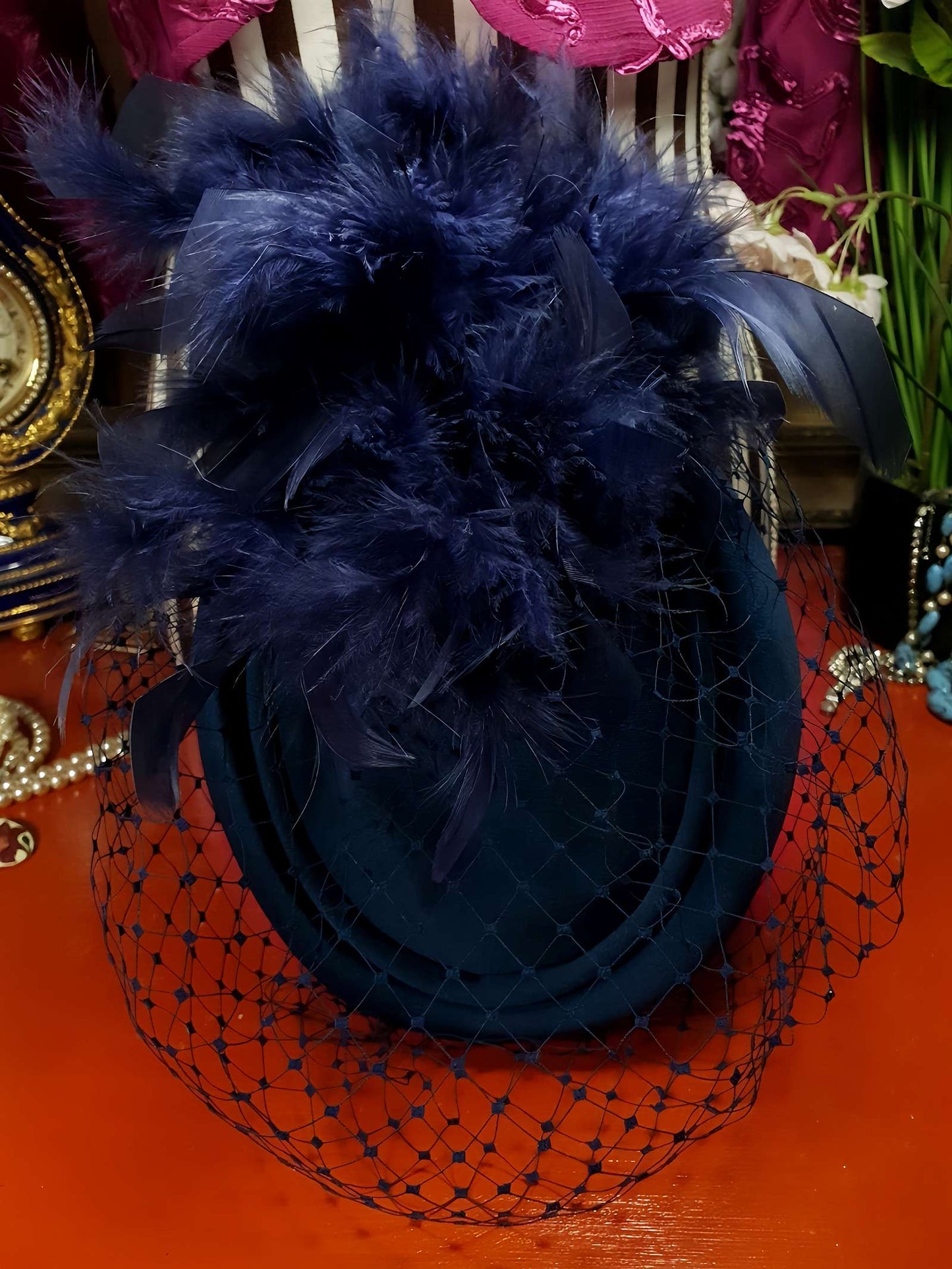 Vintage 1980s Pillbox Hat Blue Feather Fascinator Mesh