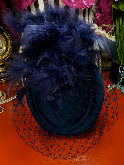 Vintage 1980s Pillbox Hat Blue Feather Fascinator Mesh