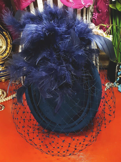 Vintage 1980s Blue Feather Pillbox Hat Fascinator Mesh - Size 7⅞