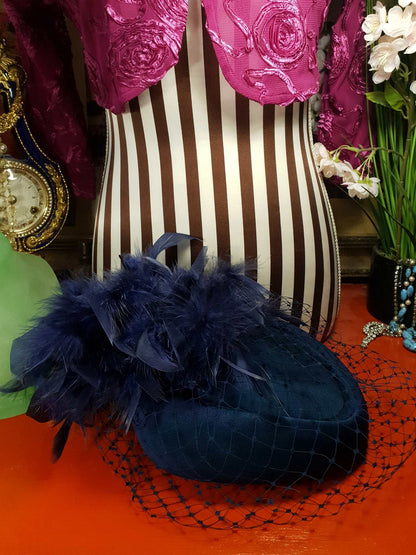 Vintage 1980s Pillbox Hat Blue Feather Fascinator Mesh