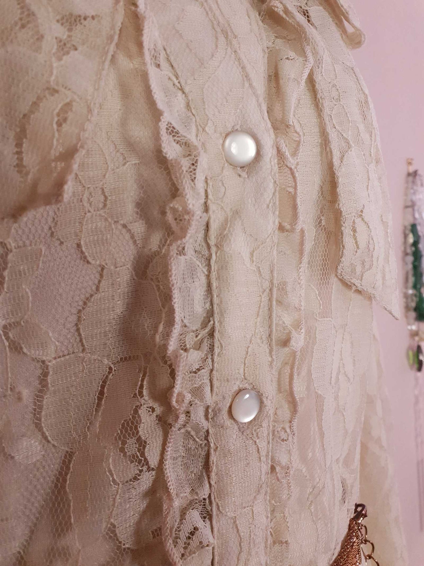 Vintage 1980s Pussy Bow Blouse Lace Shirt Size 12 Retro