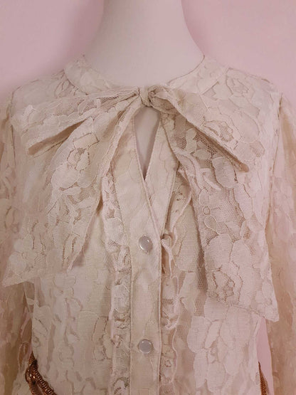 Vintage 1980s Pussy Bow Blouse Lace Shirt Size 12 Retro