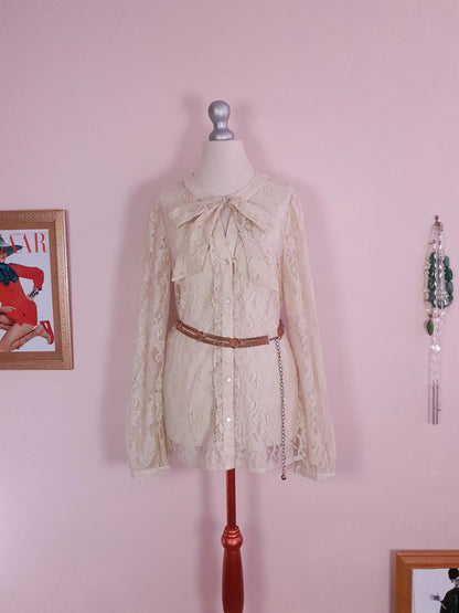 Vintage 1980s Pussy Bow Blouse Lace Shirt Size 12 Retro