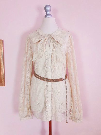 Vintage 1980s Pussybow Blouse Lace Shirt Size 12 Retro