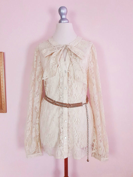 Vintage 1980s Pussybow Blouse Lace Shirt Size 12 Retro
