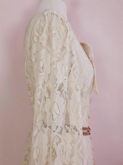 Vintage 1980s Pussybow Blouse Lace Shirt Size 12 Retro