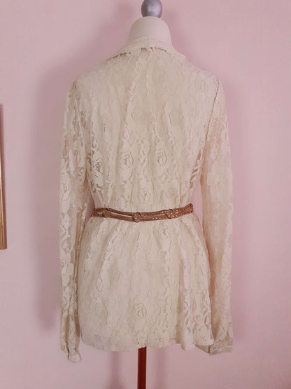 Vintage 1980s Pussy Bow Blouse Lace Shirt Size 12 Retro