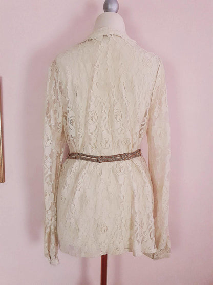 Vintage 1980s Pussybow Blouse Lace Shirt Size 12 Retro