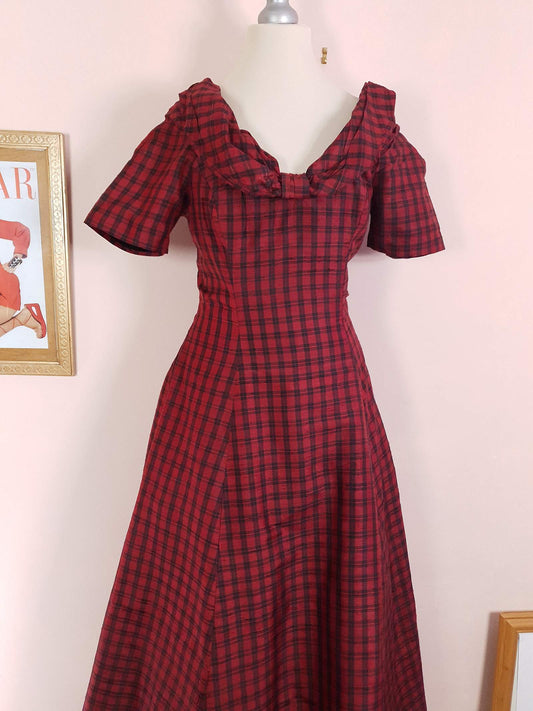 Vintage Red Plaid Silk Dress Monsoon Tartan Check Maxi Evening 1980s Retro Party Fit & Flare Size 10