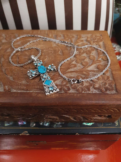 1980s Vintage Blue Rhinestone Cross Boho Necklace Pendant 18" Turquoise