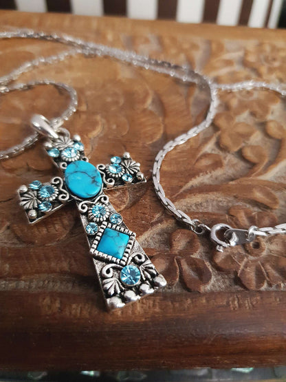 1980s Vintage Blue Rhinestone Cross Boho Necklace Pendant 18" Turquoise