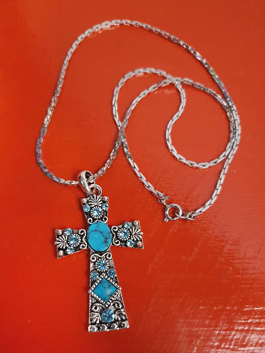 1980s Vintage Blue Rhinestone Cross Boho Necklace Pendant 18" Turquoise