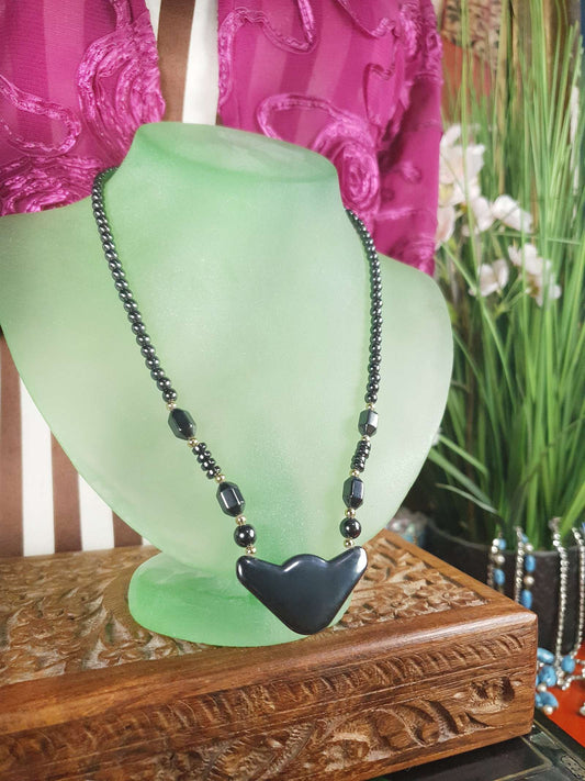 1980s Vintage Hematite Gemstone Necklace Pendant Dark Grey