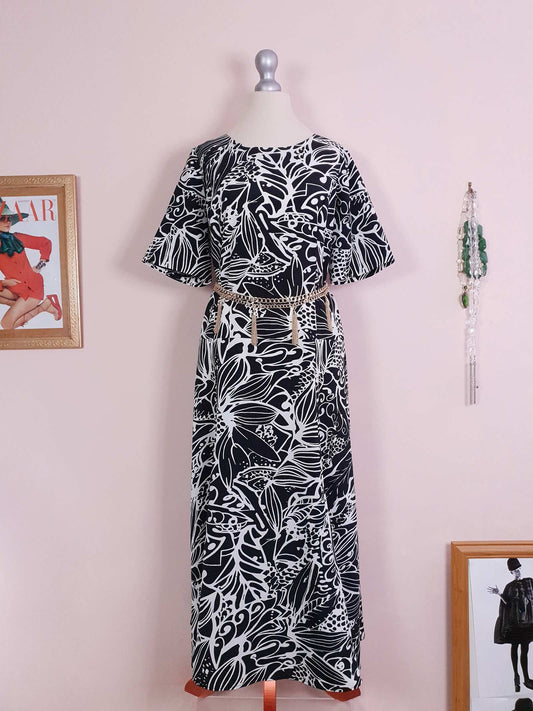 Vintage 1980s Day Dress Maxi Black & White Abstract Leaf Print Size 18