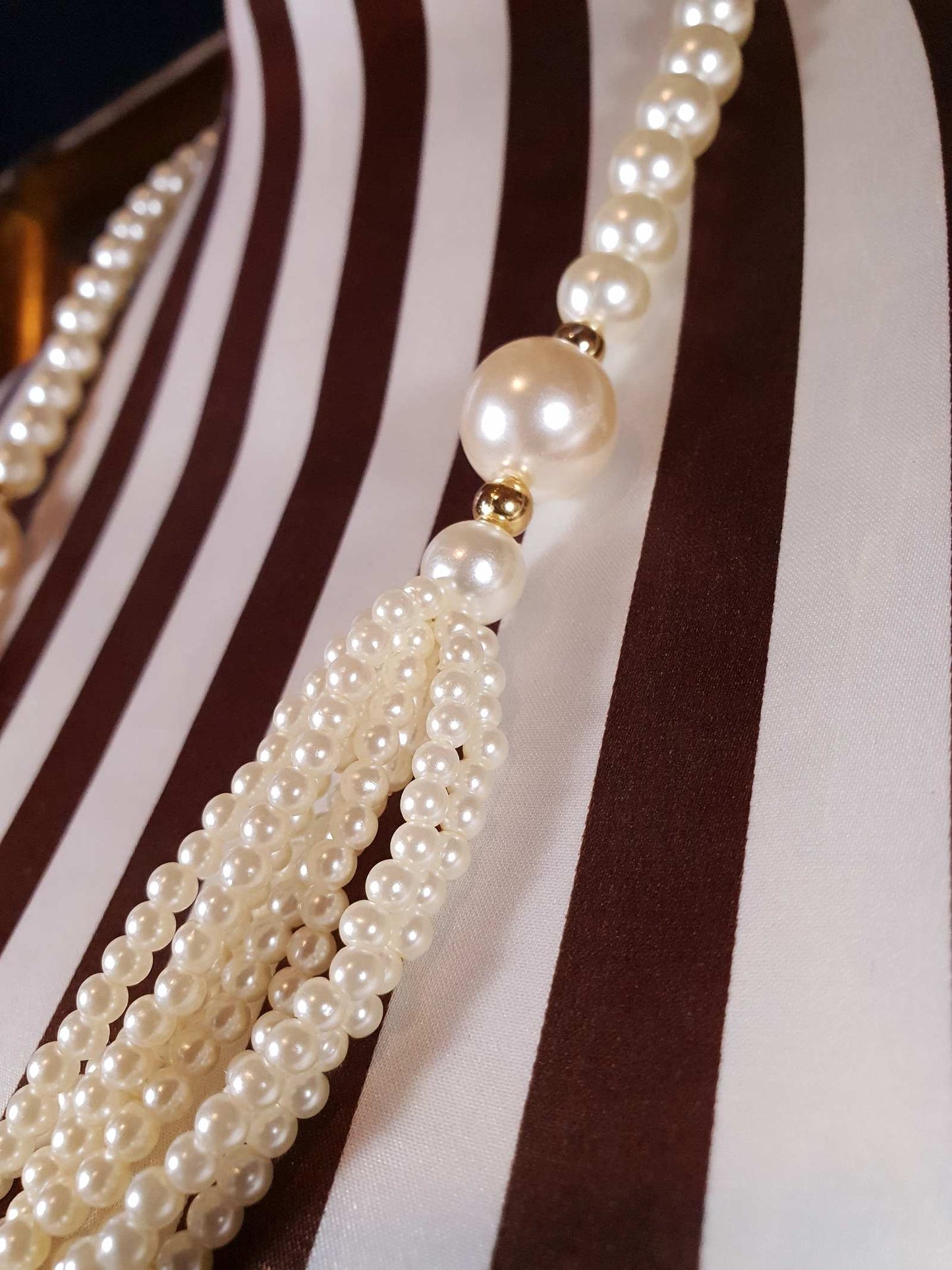 Vintage 1980s Cream Faux Pearl Necklace 28" Multi Strand Gold Tone