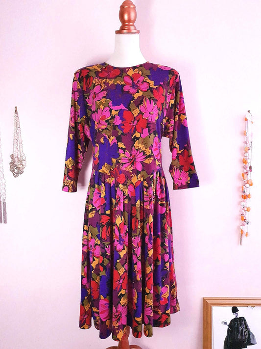 Vintage Purple Pink Floral Dress 1980s - Size 16 Midi Retro