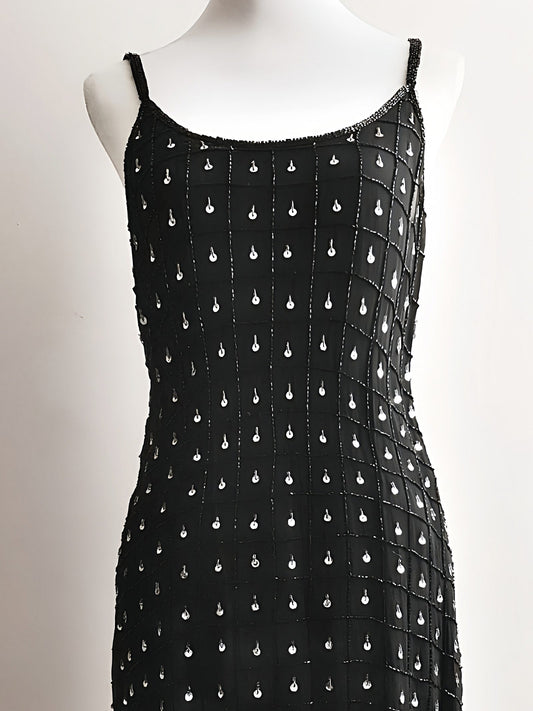 Vintage Black Sequin Bead Mini Dress Baby Doll 1980s Beaded Evening Party Cocktail - Size 10