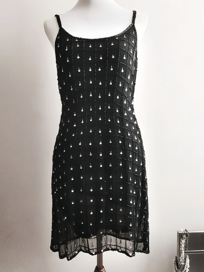 Vintage Black Sequin Bead Mini Dress Baby Doll 1980s Beaded Evening Party Cocktail - Size 10