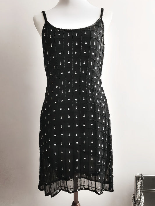 Vintage Black Sequin Bead Mini Dress Baby Doll 1980s Beaded Evening Party Cocktail - Size 10