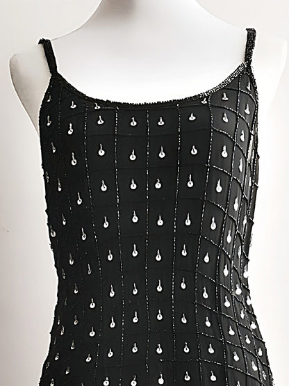 Vintage Black Sequin Bead Mini Dress Baby Doll 1980s Beaded Evening Party Cocktail - Size 10