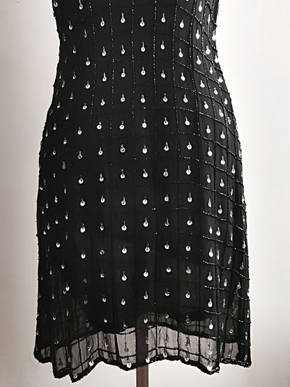Vintage Black Sequin Bead Mini Dress Baby Doll 1980s Beaded Evening Party Cocktail - Size 10