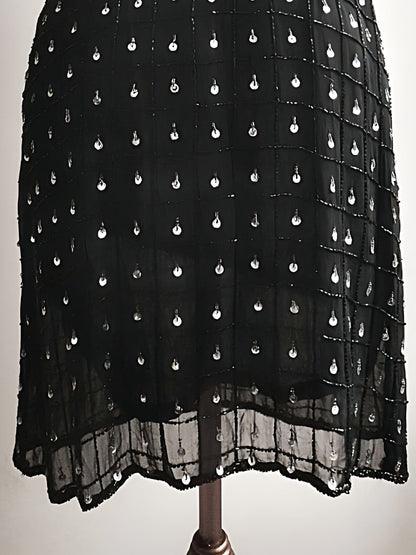 Vintage Black Sequin Bead Mini Dress Baby Doll 1980s Beaded Evening Party Cocktail - Size 10