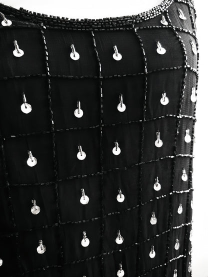 Vintage Black Sequin Bead Mini Dress Baby Doll 1980s Beaded Evening Party Cocktail - Size 10