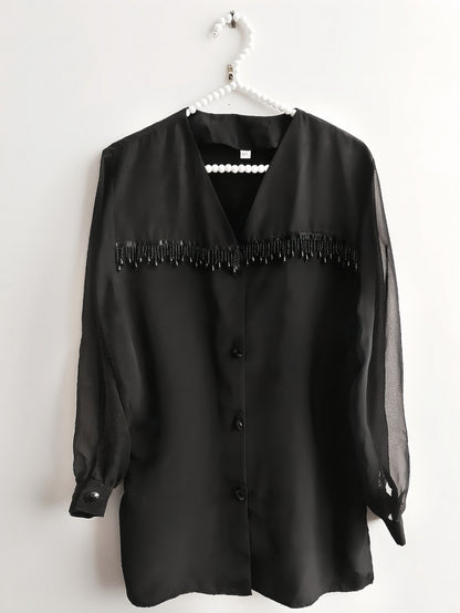 Vintage Black Chiffon Shirt Beaded Blouse 1980s Size 16 / 18 Beach