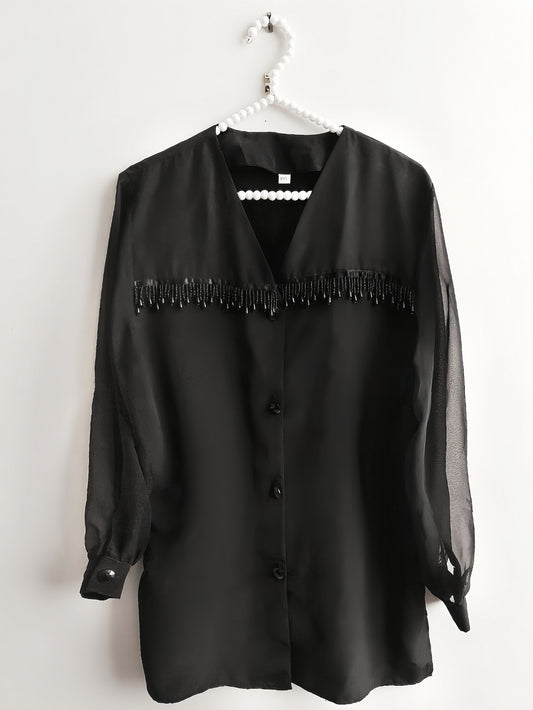 Vintage Black Chiffon Shirt Beaded Blouse 1980s Size 16 / 18 Beach