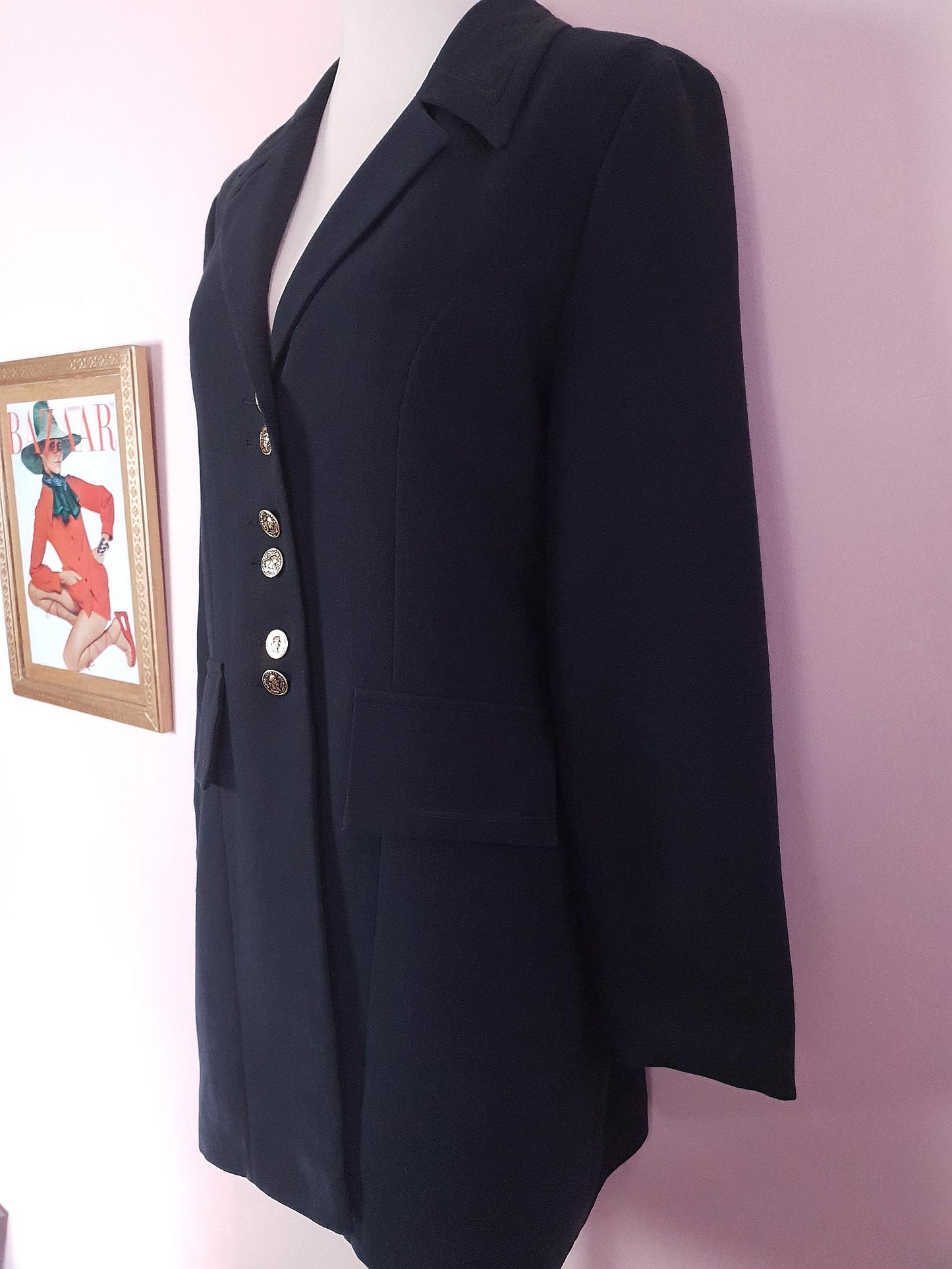 Vintage 1980s Black Jacket 3/4 Length Longline Blazer Coin Buttons Retro