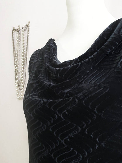 Vintage Black Velvet Dress 1980s Evening Cocktail Party Maxi  - Size 14