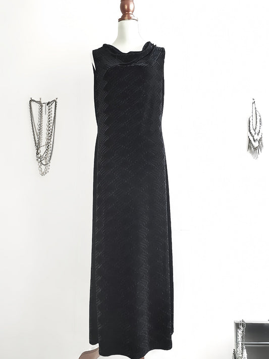 Vintage Black Velvet Dress 1980s Evening Cocktail Party Maxi  - Size 14