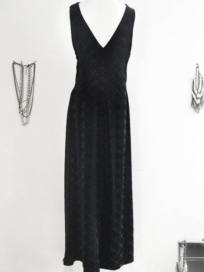 Vintage Black Velvet Dress 1980s Evening Cocktail Party Maxi  - Size 14