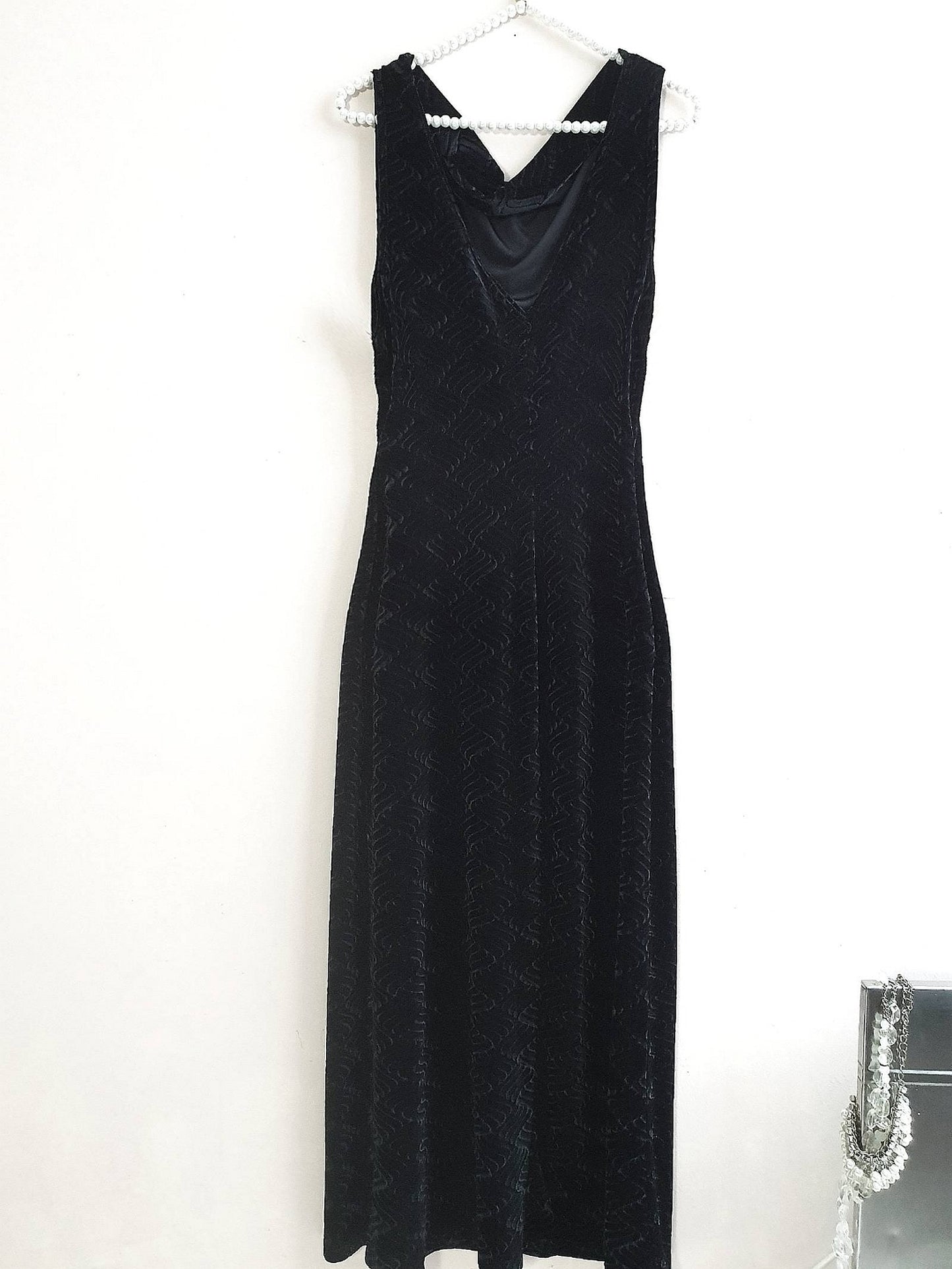 Vintage Black Velvet Dress 1980s Evening Cocktail Party Maxi  - Size 14