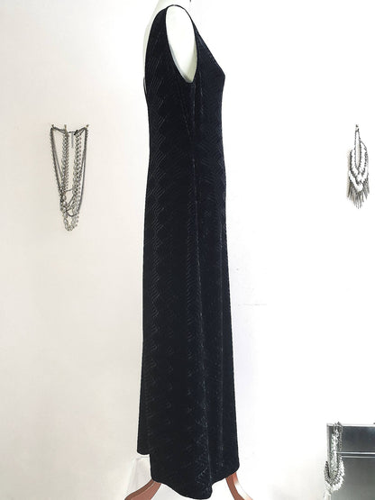 Vintage Black Velvet Dress 1980s Evening Cocktail Party Maxi  - Size 14
