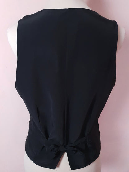 Vintage Black Crochet Beaded Waistcoat Vest Satin Ladies 1980s - Size 14