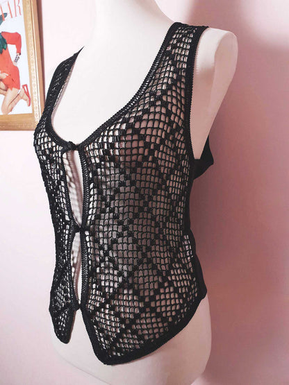 Vintage Black Crochet Beaded Waistcoat Vest Satin Ladies 1980s - Size 14