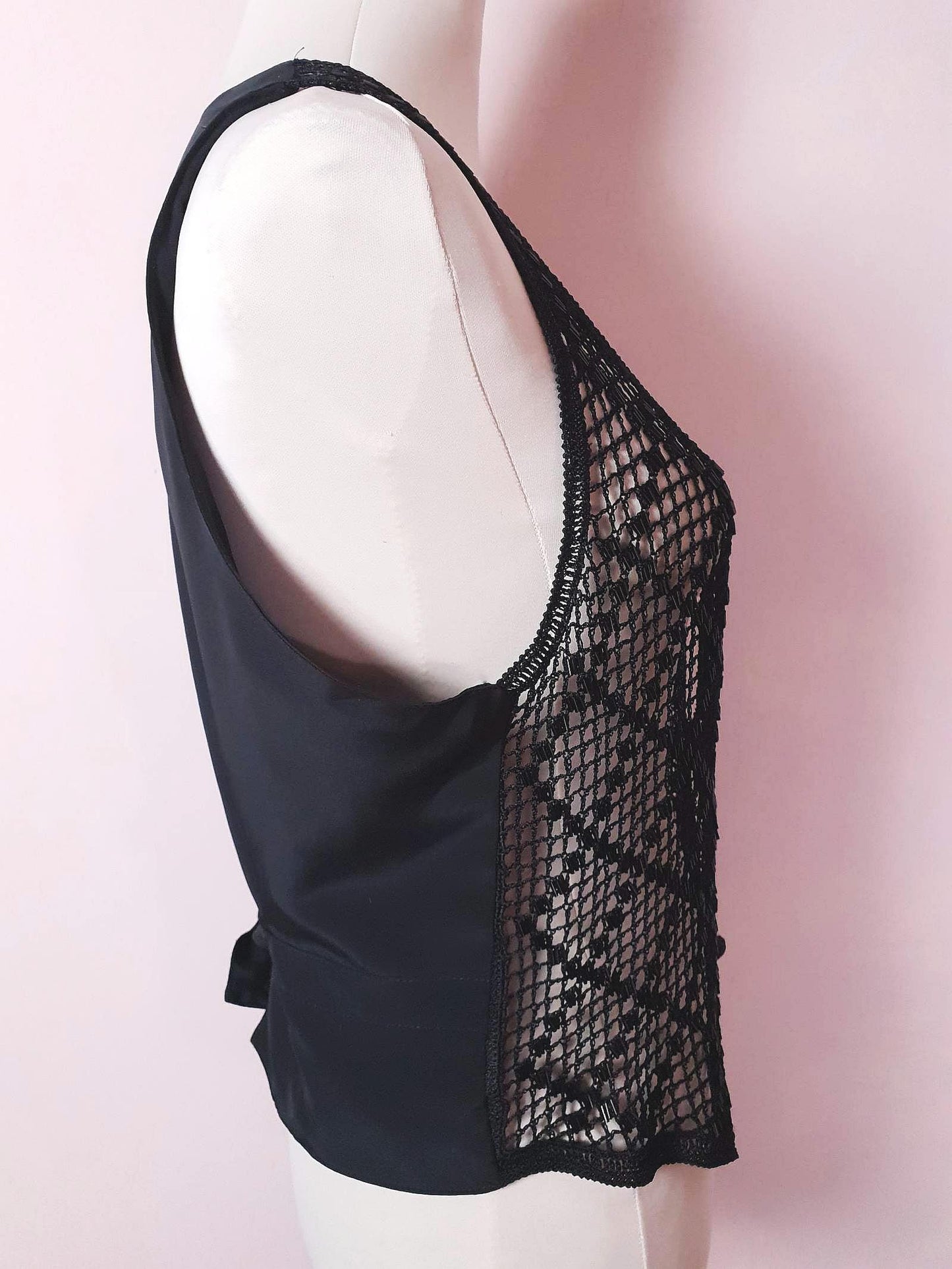 Vintage Black Crochet Beaded Waistcoat Vest Satin Ladies 1980s - Size 14
