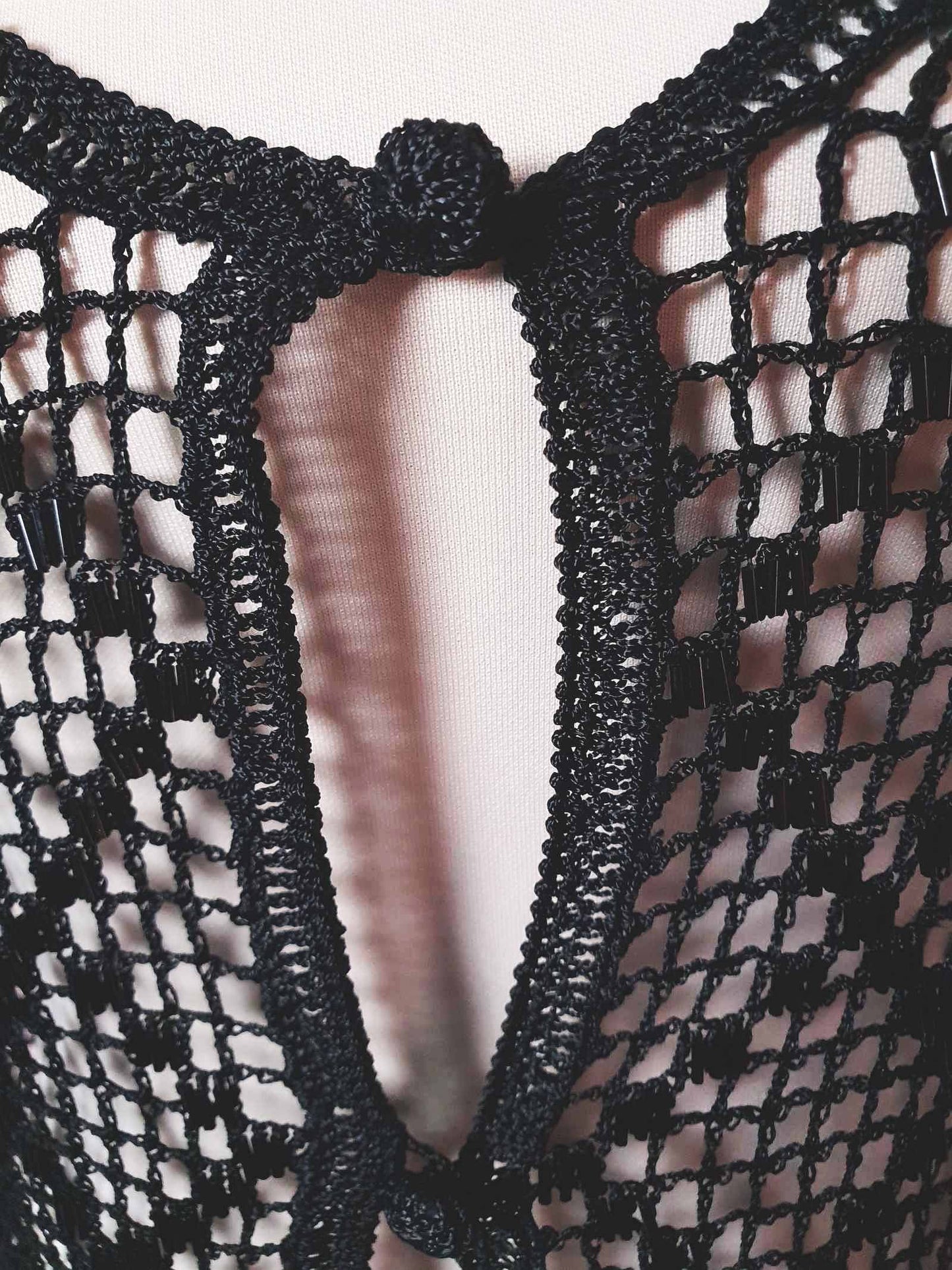 Vintage Black Crochet Beaded Waistcoat Vest Satin Ladies 1980s - Size 14