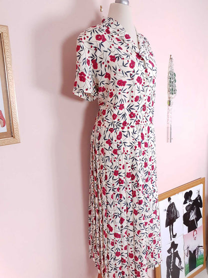 Vintage 1980s Floral Pleated Maxi Dress Red Flower Summer Retro Size 18