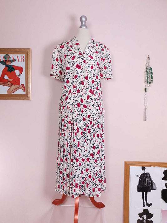 1980s Vintage Floral Pleated Maxi Dress Red Flower Summer Retro Size 18