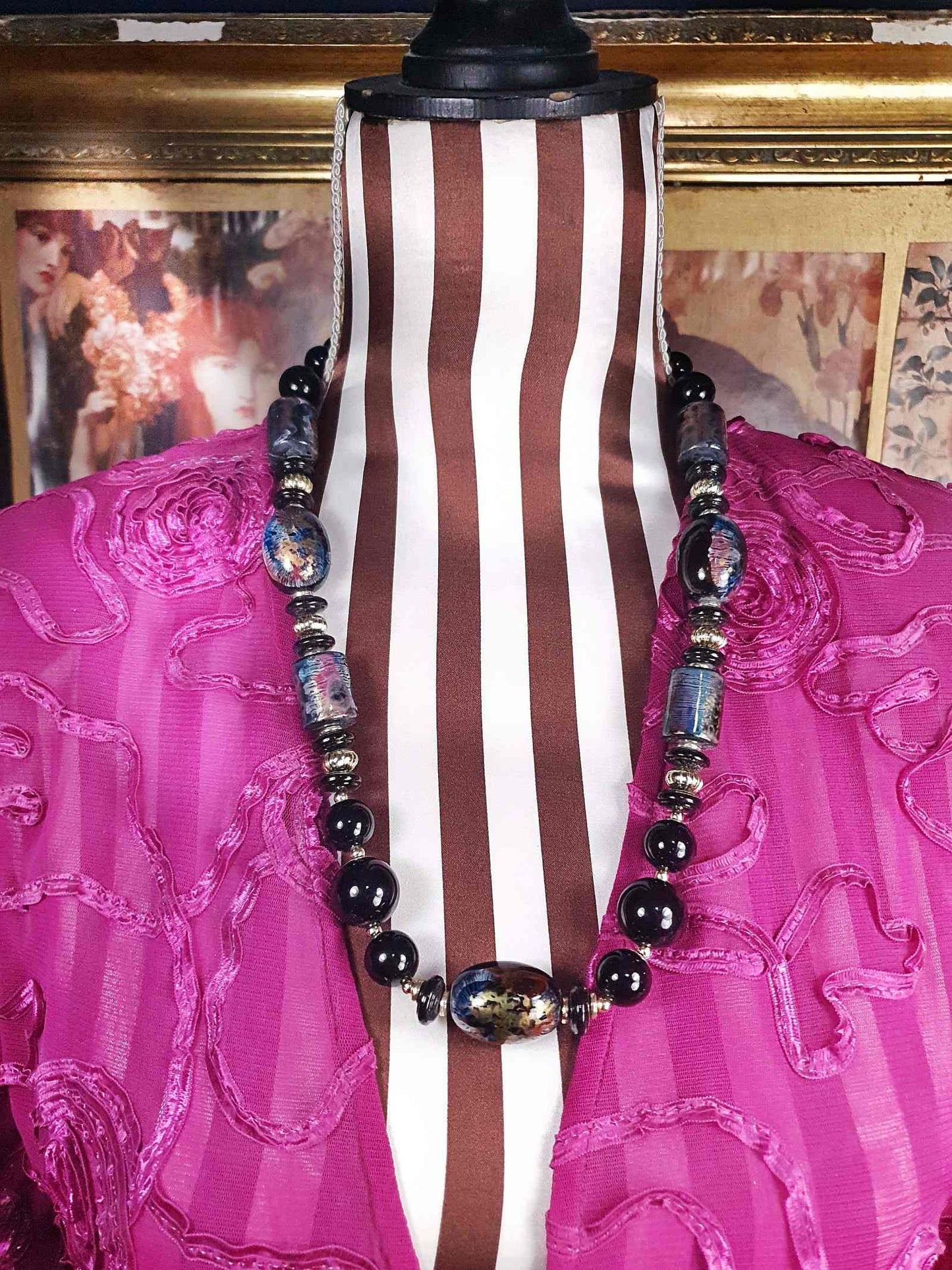 Vintage Hand Painted Black Bead Necklace 25" Retro 1980s