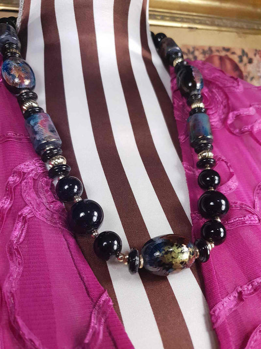 Vintage Hand Painted Black Bead Necklace 25" Retro 1980s