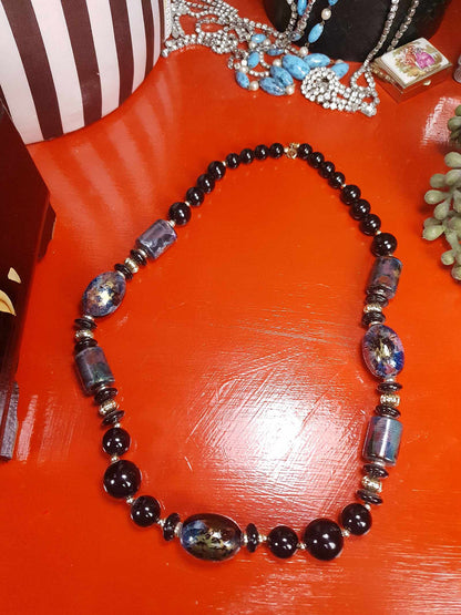 Vintage Hand Painted Black Bead Necklace 25" Retro 1980s