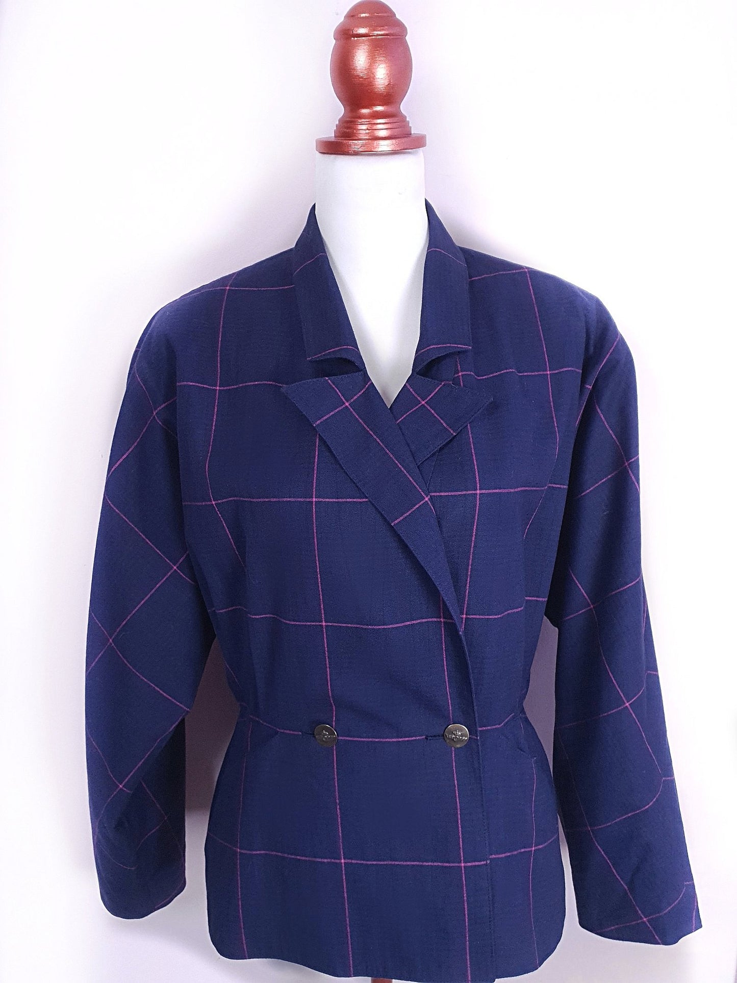 1980s Vintage Blue Cerise Check Jacket Batwing- Size 10 Cotton Linen