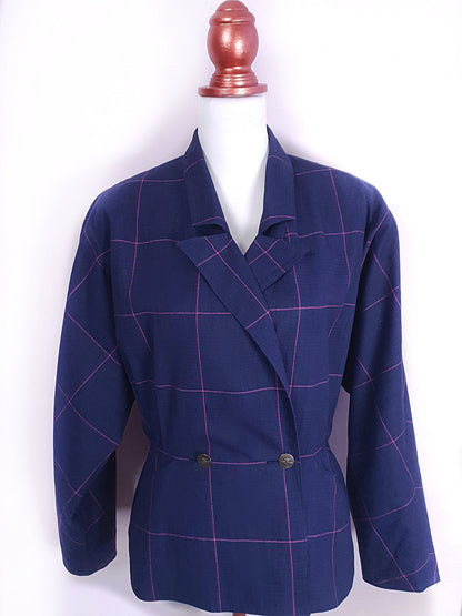 1980s Vintage Blue Cerise Check Jacket Batwing- Size 10 Cotton Linen