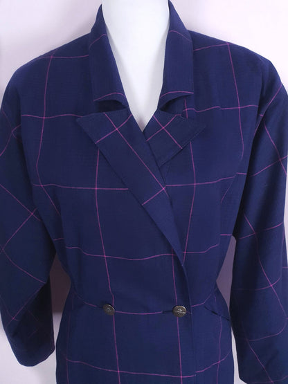 1980s Vintage Blue Cerise Check Jacket Batwing- Size 10 Cotton Linen