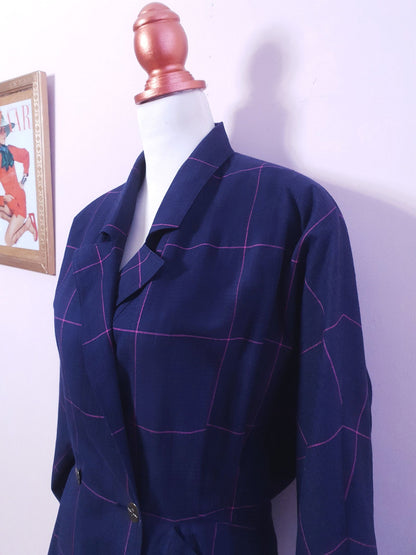 1980s Vintage Blue Cerise Check Jacket Batwing- Size 10 Cotton Linen