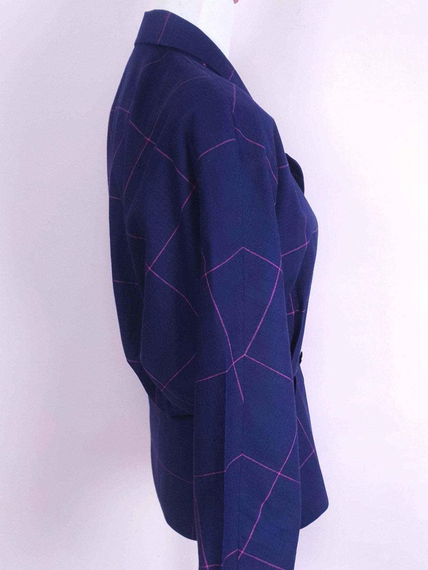 1980s Vintage Blue Cerise Check Jacket Batwing- Size 10 Cotton Linen