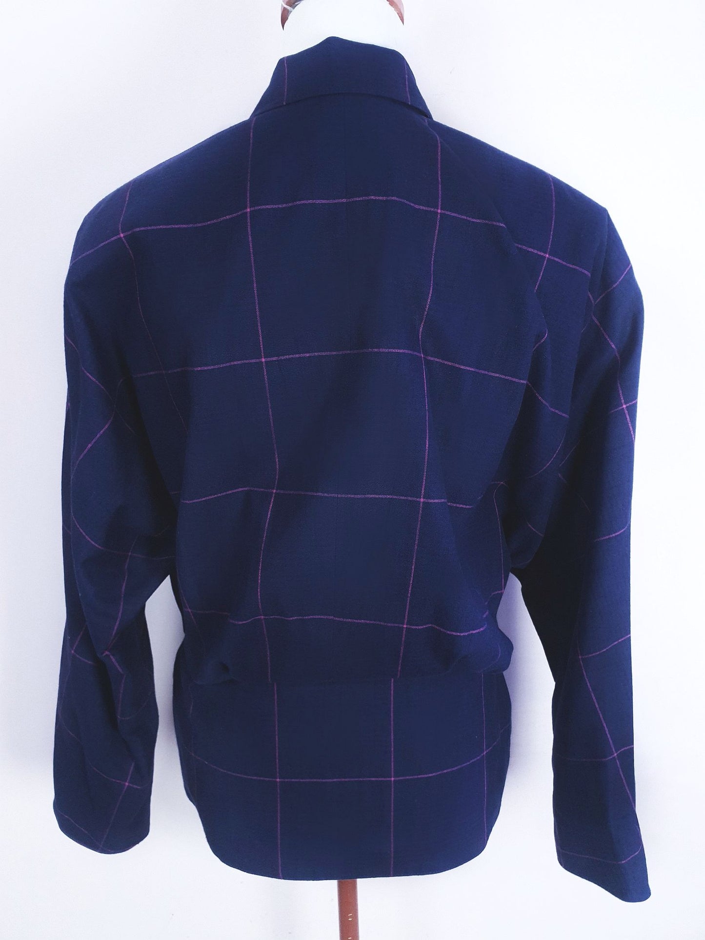 1980s Vintage Blue Cerise Check Jacket Batwing- Size 10 Cotton Linen